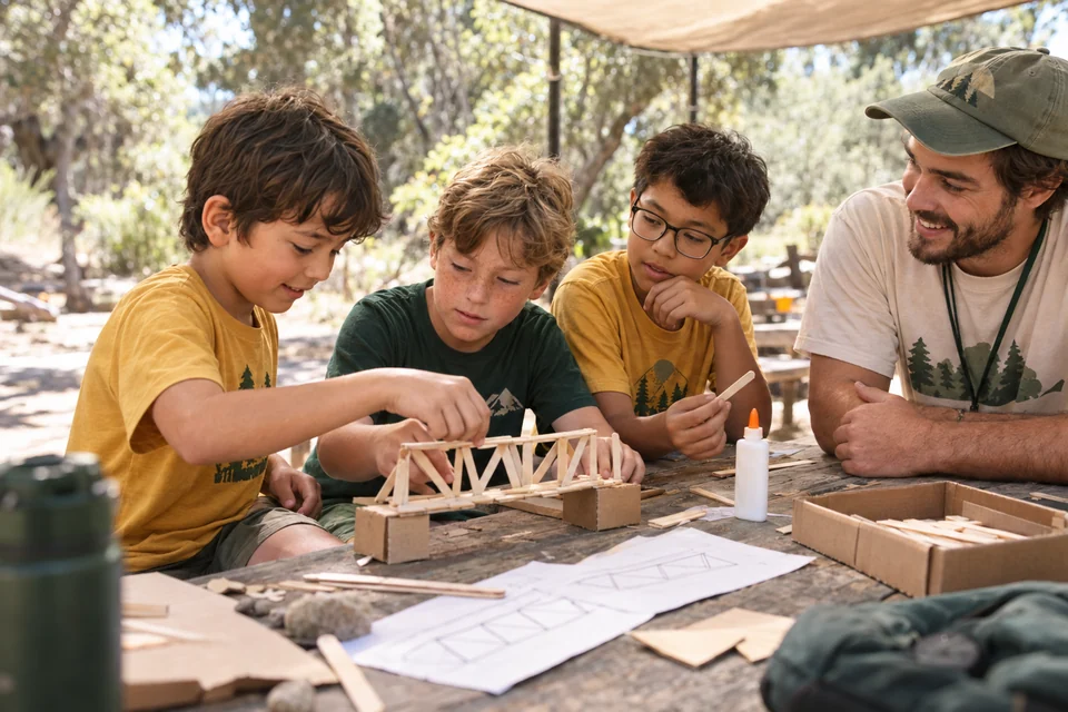 Campers building a craft-stick bridge together at an outdoor picnic table